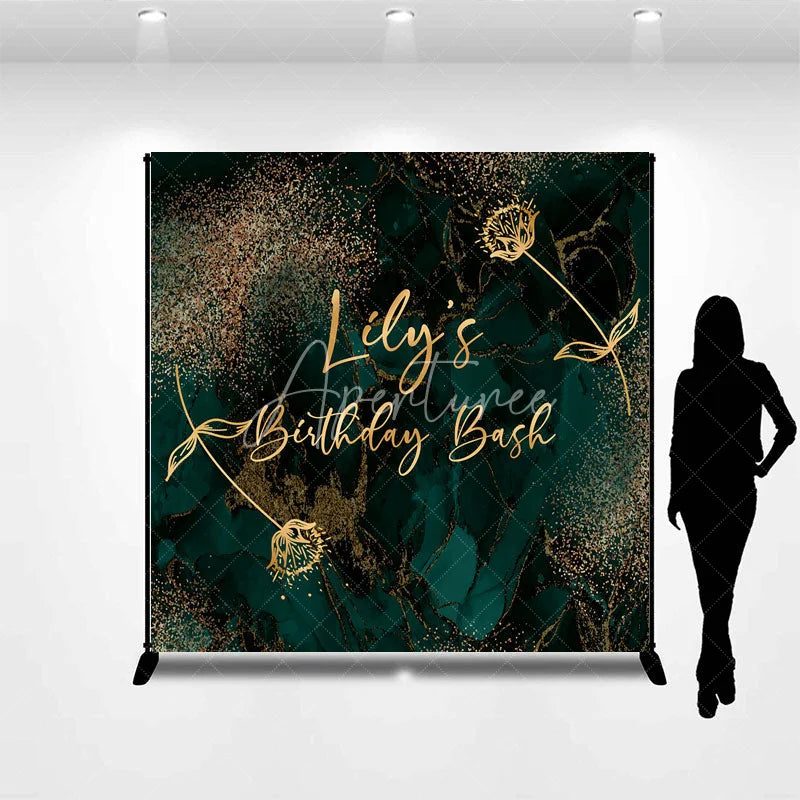 Aperturee - Aperturee Personalized Emerald and Gold Birthday Bash Backdrop Elegant Abstract Marble Custom Name Modern Party Decor