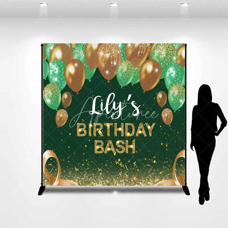 Aperturee - Aperturee Personalized Emerald Green Custom Birthday Backdrop Gold Balloons Glitter Men Women Party Photography Background