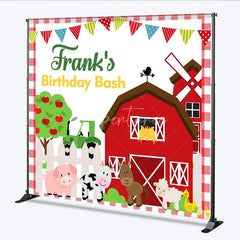 Aperturee - Aperturee Personalized Farm Animals Birthday Bash Backdrop Red Barnyard and Tractor Theme Custom Name Party for Boy