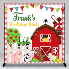 Aperturee - Aperturee Personalized Farm Animals Birthday Bash Backdrop Red Barnyard and Tractor Theme Custom Name Party for Boy