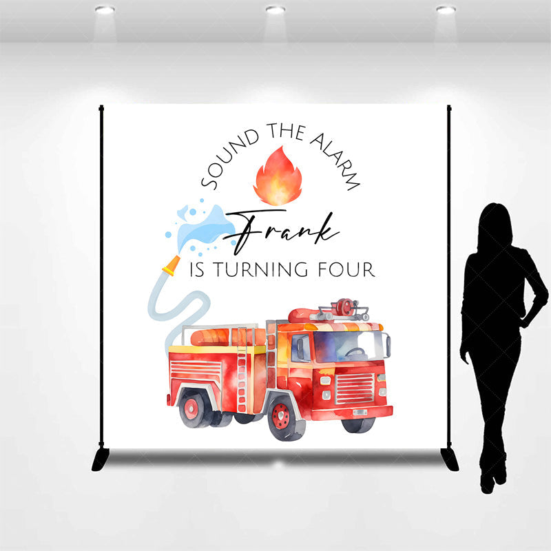 Aperturee - Aperturee Personalized Fire Truck 4th Birthday Backdrop Sound The Alarm Firefighter Theme Custom Name Watercolor Party Decor