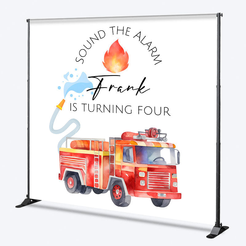 Aperturee - Aperturee Personalized Fire Truck 4th Birthday Backdrop Sound The Alarm Firefighter Theme Custom Name Watercolor Party Decor