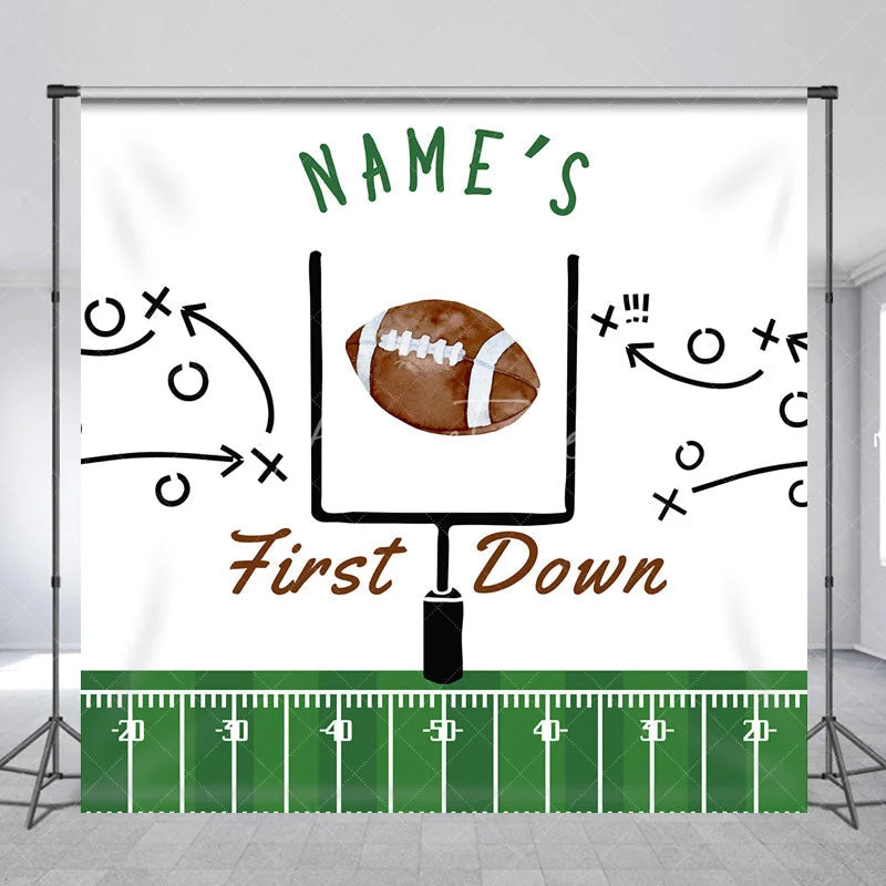Aperturee - Aperturee Personalized First Down 1st Birthday Backdrop Football Field and Goal Post Sports Background Custom Name Boys Party