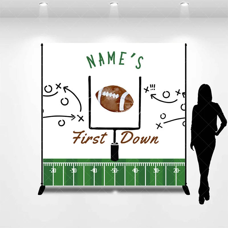 Aperturee - Aperturee Personalized First Down 1st Birthday Backdrop Football Field and Goal Post Sports Background Custom Name Boys Party