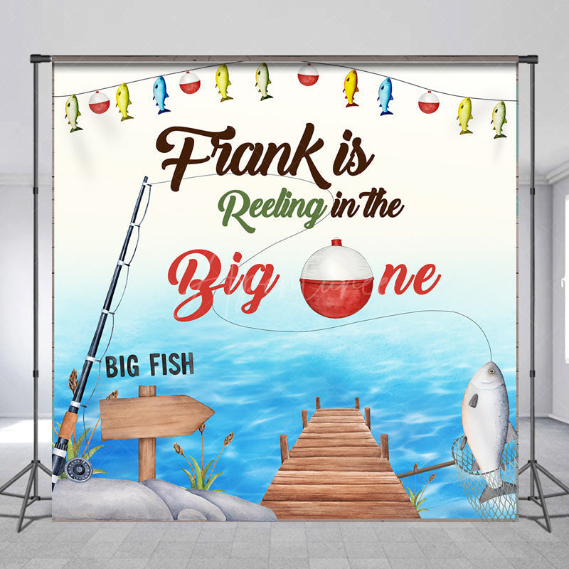 Aperturee - Aperturee Personalized Fishing First Birthday Backdrop The Big One Rustic Party Decor Reeling in Theme Photo Banner for Boy