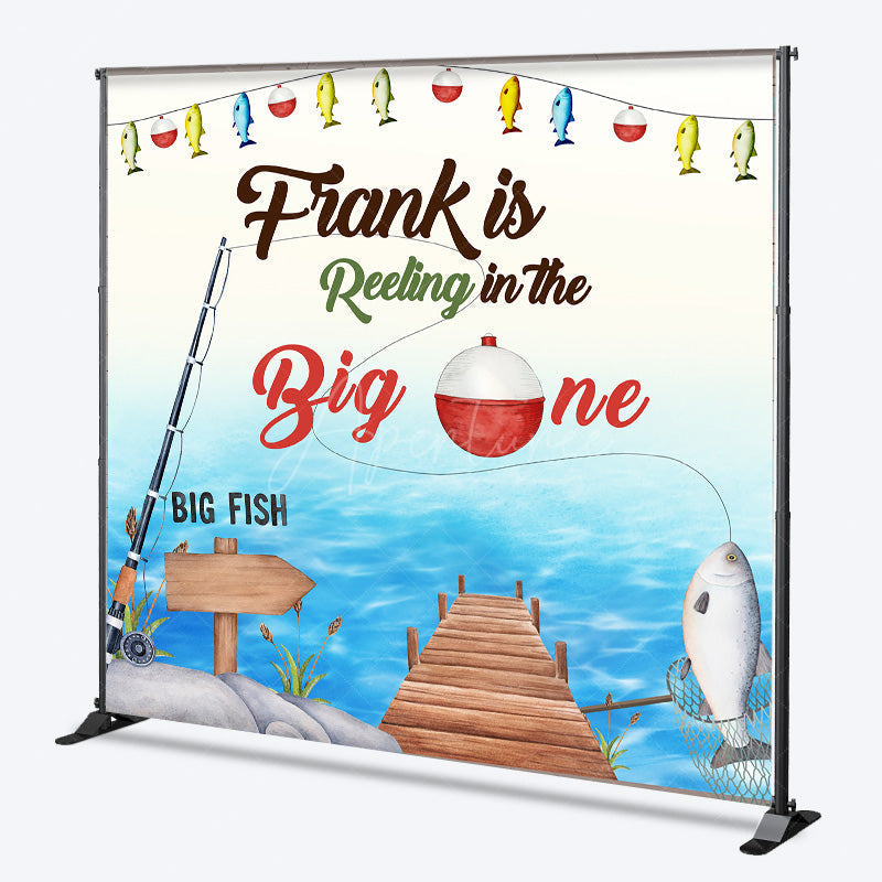 Aperturee - Aperturee Personalized Fishing First Birthday Backdrop The Big One Rustic Party Decor Reeling in Theme Photo Banner for Boy