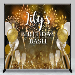 Aperturee - Aperturee Personalized Gold and Black Birthday Bash Custom Backdrop featuring Fireworks Balloons and Champagne Flutes.