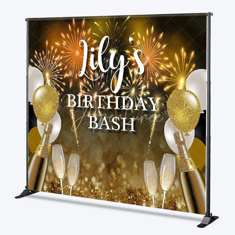 Aperturee - Aperturee Personalized Gold and Black Birthday Bash Custom Backdrop featuring Fireworks Balloons and Champagne Flutes.