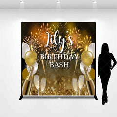 Aperturee - Aperturee Personalized Gold and Black Birthday Bash Custom Backdrop featuring Fireworks Balloons and Champagne Flutes.