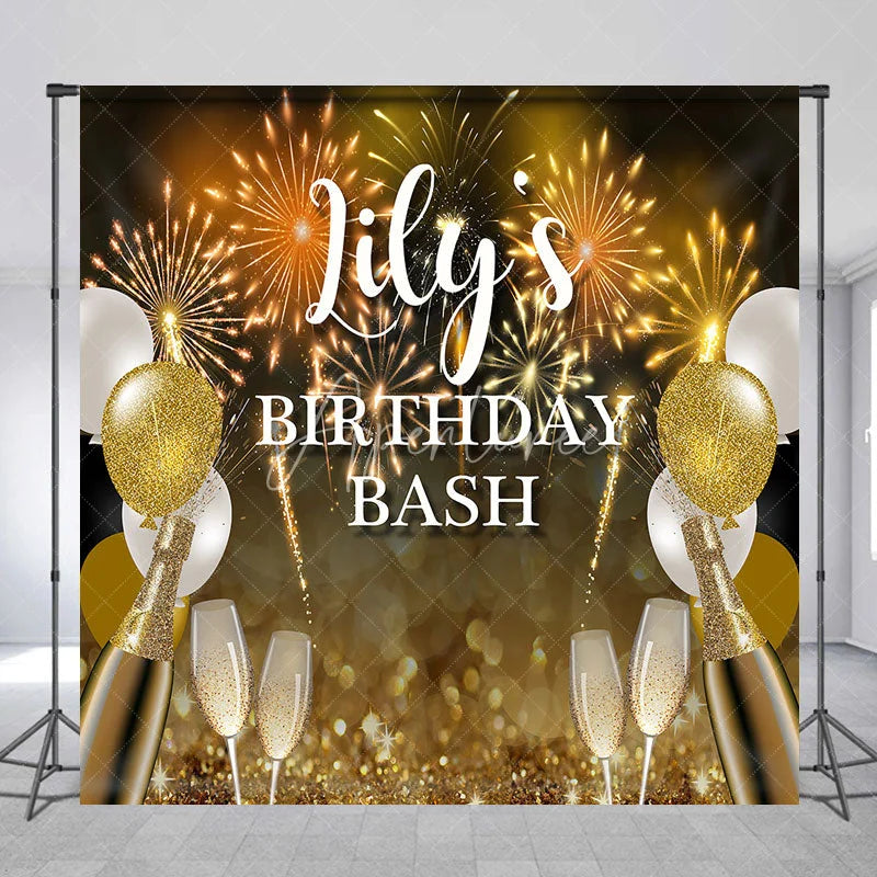 Aperturee - Aperturee Personalized Gold and Black Birthday Bash Custom Backdrop featuring Fireworks Balloons and Champagne Flutes.