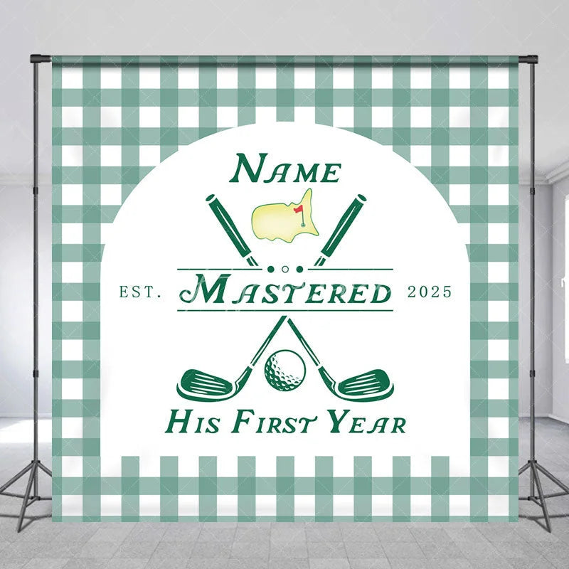 Aperturee - Aperturee Personalized Golf First Year Down Birthday Backdrop Custom Name Green Gingham Sports Party Banner