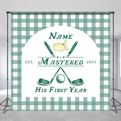 Aperturee - Aperturee Personalized Golf First Year Down Birthday Backdrop Custom Name Green Gingham Sports Party Banner