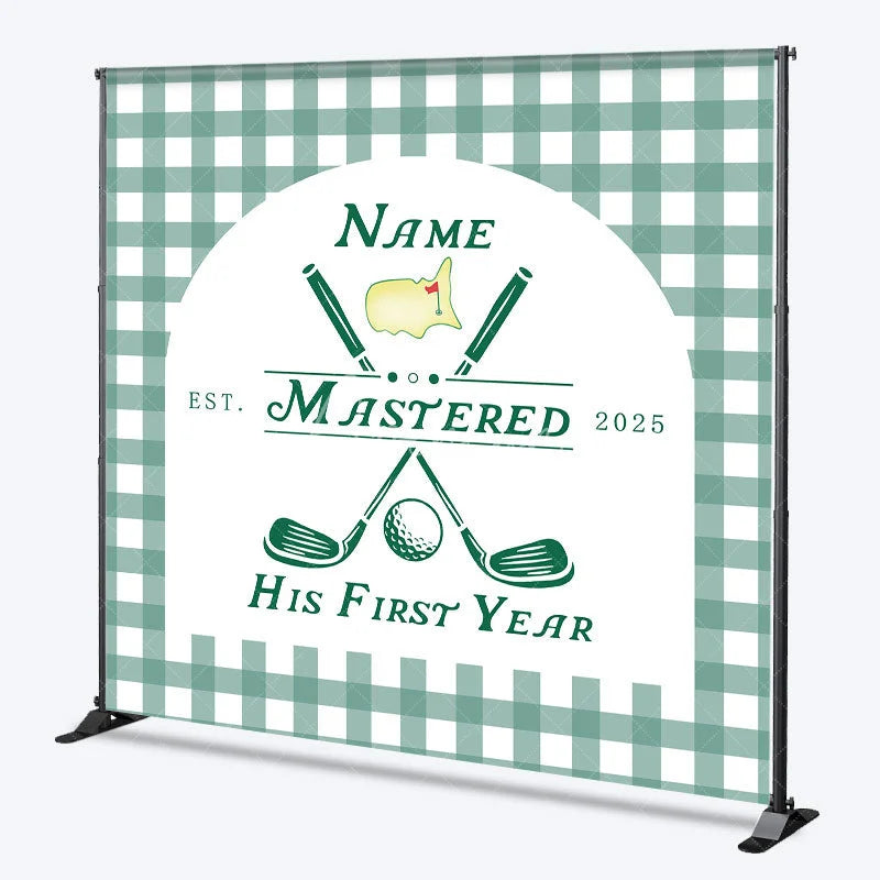 Aperturee - Aperturee Personalized Golf First Year Down Birthday Backdrop Custom Name Green Gingham Sports Party Banner