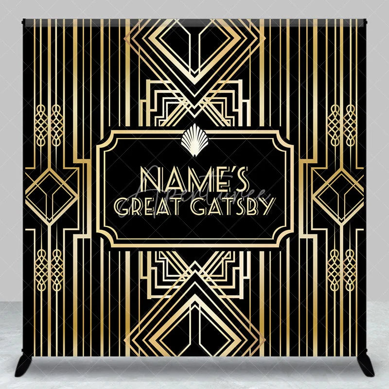 Aperturee - Aperturee Personalized Great Gatsby Birthday Backdrop Custom Name Art Deco Gold and Black Party Banner