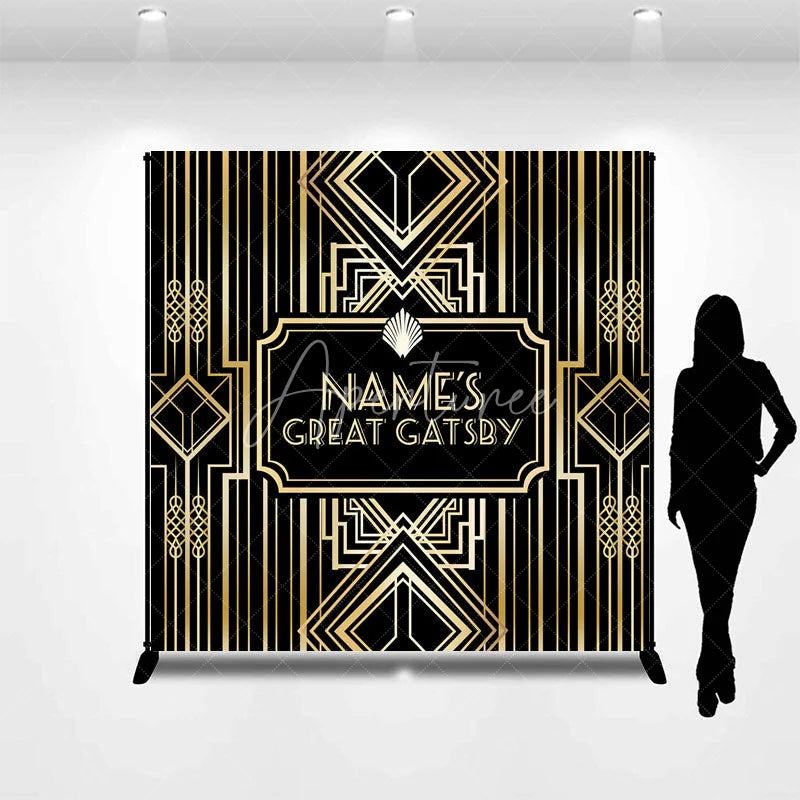 Aperturee - Aperturee Personalized Great Gatsby Birthday Backdrop Custom Name Art Deco Gold and Black Party Banner