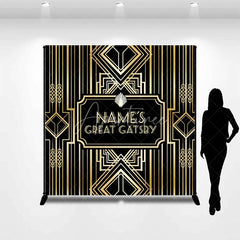 Aperturee - Aperturee Personalized Great Gatsby Birthday Backdrop Custom Name Art Deco Gold and Black Party Banner