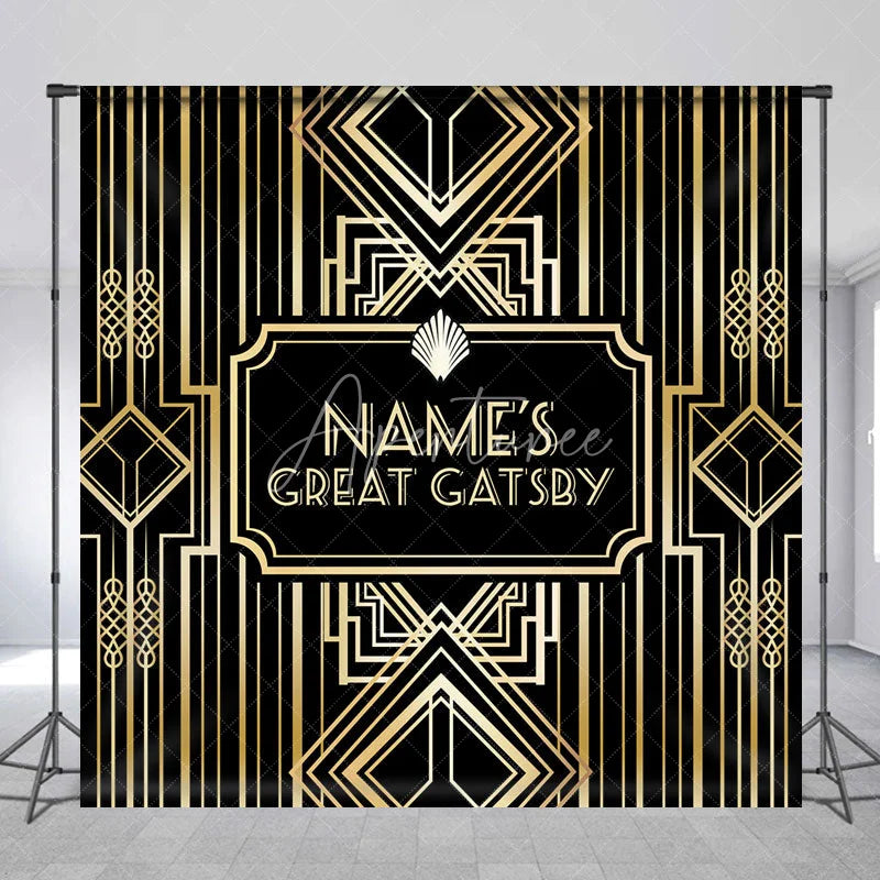 Aperturee - Aperturee Personalized Great Gatsby Birthday Backdrop Custom Name Art Deco Gold and Black Party Banner