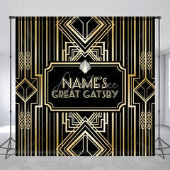 Aperturee - Aperturee Personalized Great Gatsby Birthday Backdrop Custom Name Art Deco Gold and Black Party Banner
