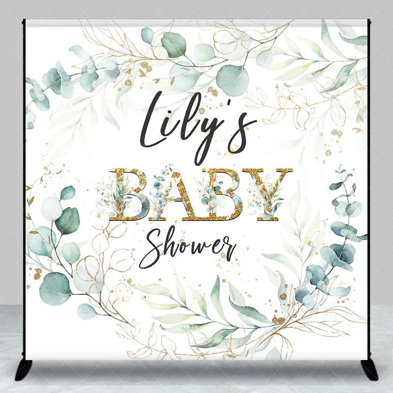 Aperturee - Aperturee Personalized Greenery Baby Shower Backdrop Eucalyptus Wreath with Gold Accents Custom Name Botanical Decor