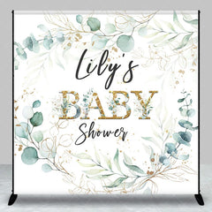 Aperturee - Aperturee Personalized Greenery Baby Shower Backdrop Eucalyptus Wreath with Gold Accents Custom Name Botanical Decor