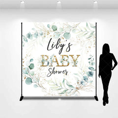 Aperturee - Aperturee Personalized Greenery Baby Shower Backdrop Eucalyptus Wreath with Gold Accents Custom Name Botanical Decor