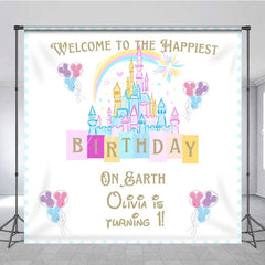 Aperturee - Aperturee Personalized Happiest Birthday on Earth Backdrop Fairytale Castle First Birthday Princess Theme Party Decor