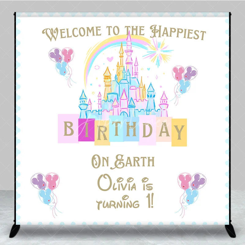 Aperturee - Aperturee Personalized Happiest Birthday on Earth Backdrop Fairytale Castle First Birthday Princess Theme Party Decor
