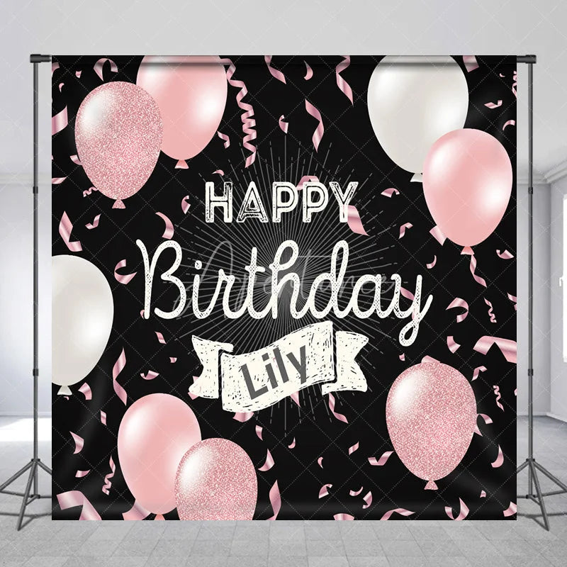 Aperturee - Aperturee Personalized Happy Birthday Backdrop Pink and White Balloons on Black Background Custom Name Girls Party Decor