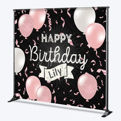 Aperturee - Aperturee Personalized Happy Birthday Backdrop Pink and White Balloons on Black Background Custom Name Girls Party Decor