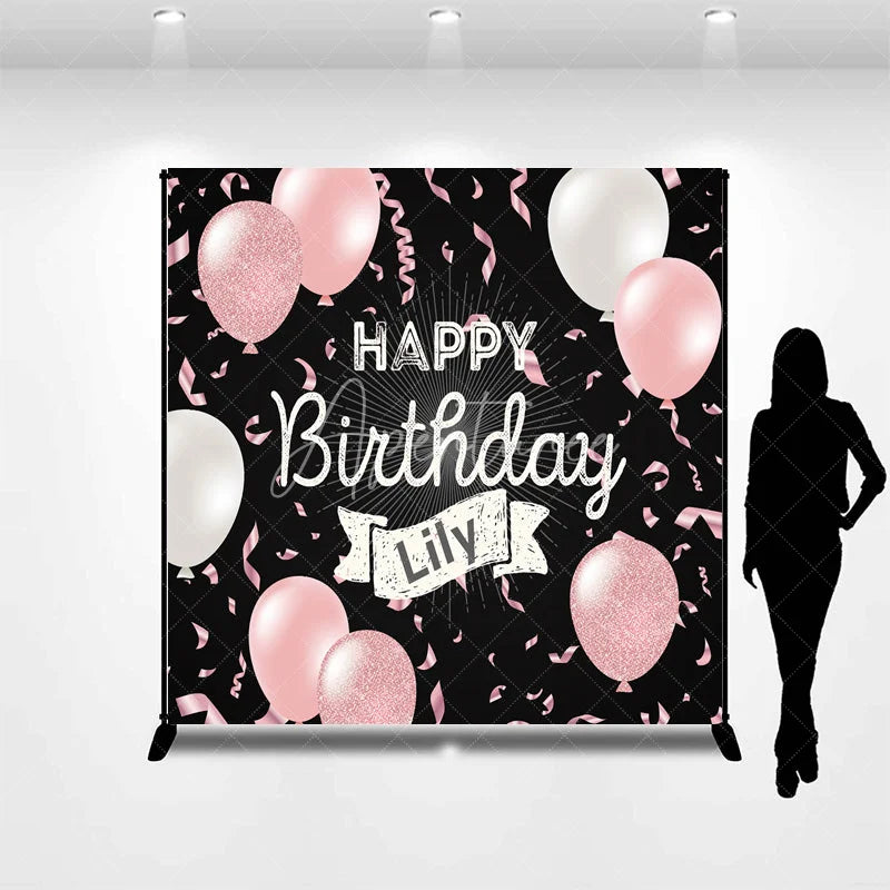 Aperturee - Aperturee Personalized Happy Birthday Backdrop Pink and White Balloons on Black Background Custom Name Girls Party Decor