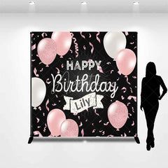 Aperturee - Aperturee Personalized Happy Birthday Backdrop Pink and White Balloons on Black Background Custom Name Girls Party Decor