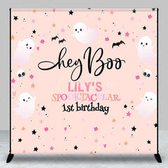 Aperturee - Aperturee Personalized Hey Boo 1st Birthday Backdrop Pink Halloween Spooktacular Theme Custom Name Cute Ghost Party Decor