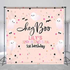 Aperturee - Aperturee Personalized Hey Boo 1st Birthday Backdrop Pink Halloween Spooktacular Theme Custom Name Cute Ghost Party Decor