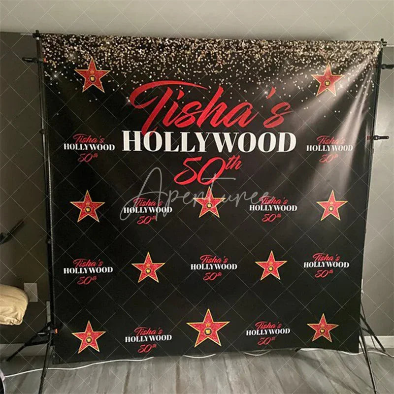 Aperturee - Aperturee Personalized Hollywood 60th Birthday Custom Backdrop with Gold Glitter and Red Stars Glamorous Party Decor