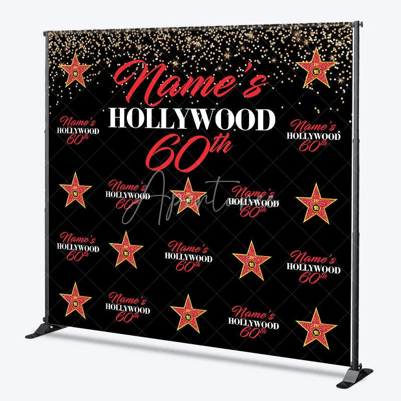 Aperturee - Aperturee Personalized Hollywood 60th Birthday Custom Backdrop with Gold Glitter and Red Stars Glamorous Party Decor