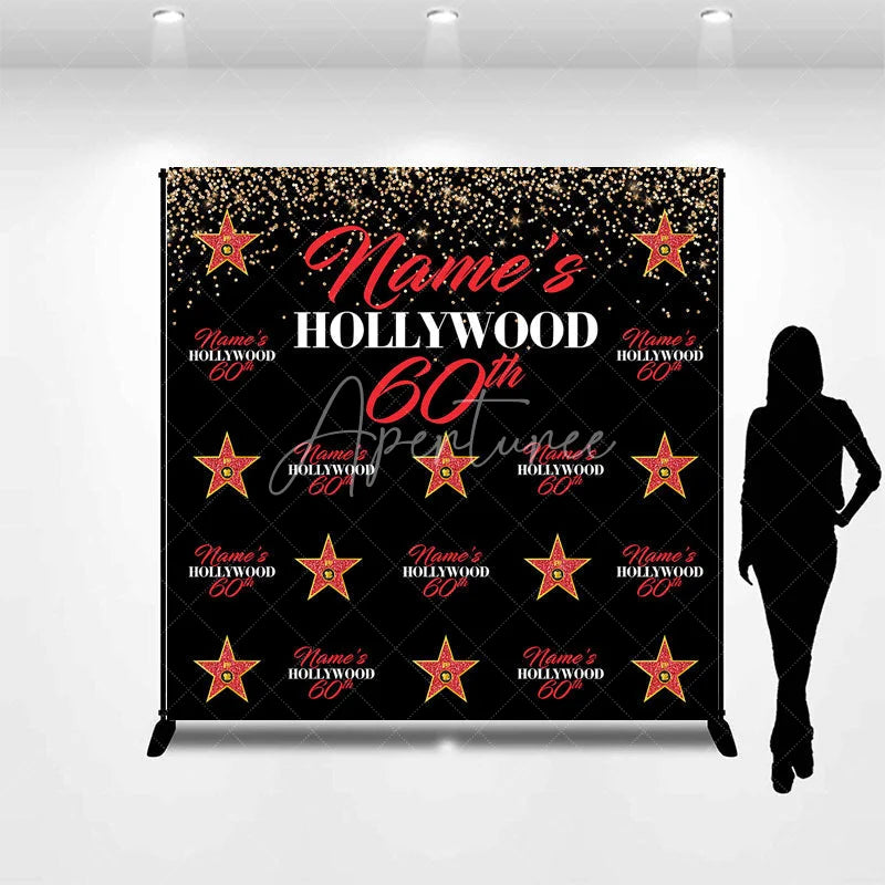 Aperturee - Aperturee Personalized Hollywood 60th Birthday Custom Backdrop with Gold Glitter and Red Stars Glamorous Party Decor