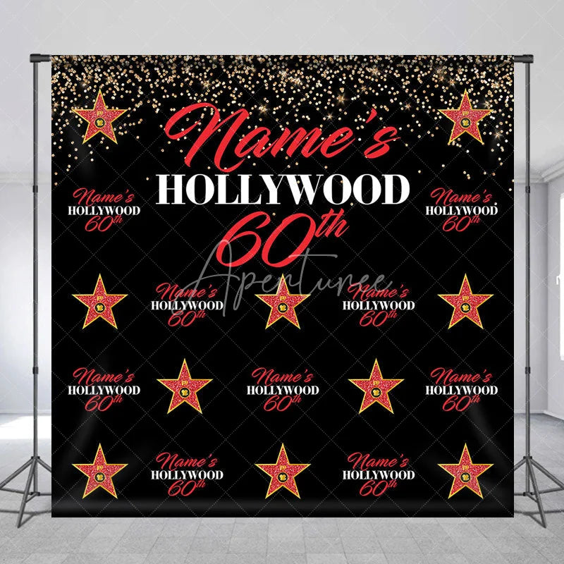Aperturee - Aperturee Personalized Hollywood 60th Birthday Custom Backdrop with Gold Glitter and Red Stars Glamorous Party Decor