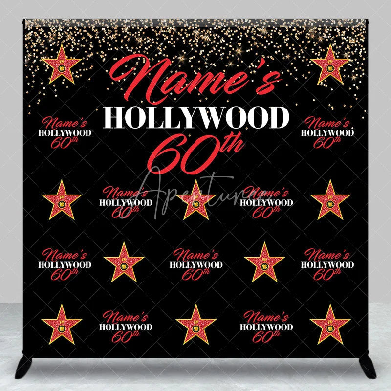 Aperturee - Aperturee Personalized Hollywood 60th Birthday Custom Backdrop with Gold Glitter and Red Stars Glamorous Party Decor
