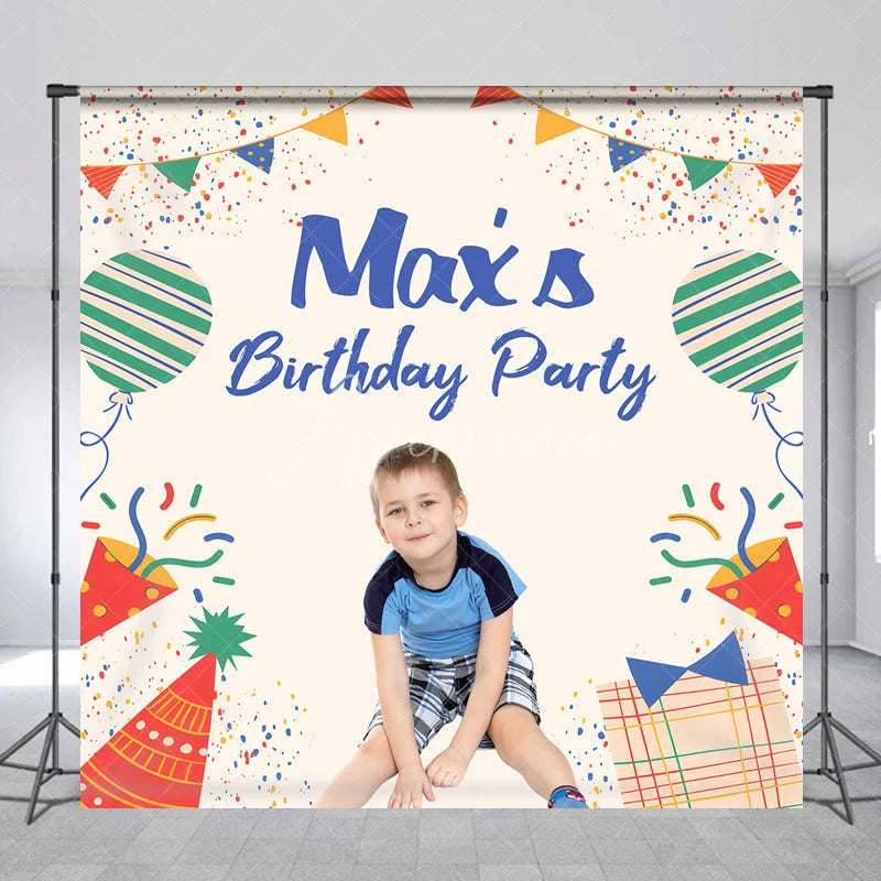 Aperturee - Aperturee Personalized Kid Birthday Party Colorful Backdrop Custom Name Confetti and Balloon Party Banner
