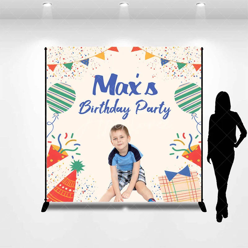 Aperturee - Aperturee Personalized Kid Birthday Party Colorful Backdrop Custom Name Confetti and Balloon Party Banner