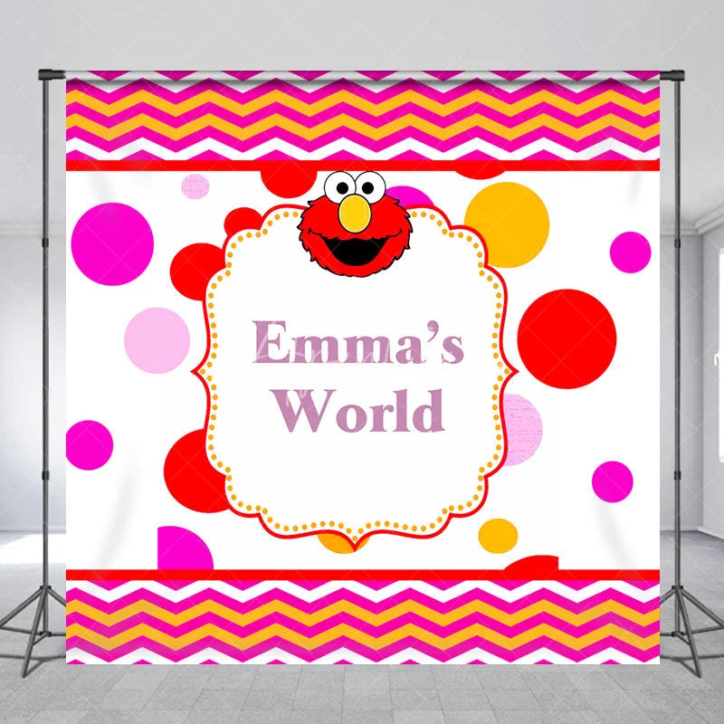 Aperturee - Aperturee Personalized Kids Monster World Birthday Backdrop Red Furry Friend Inspired Custom Name Polka Dot Party Decor