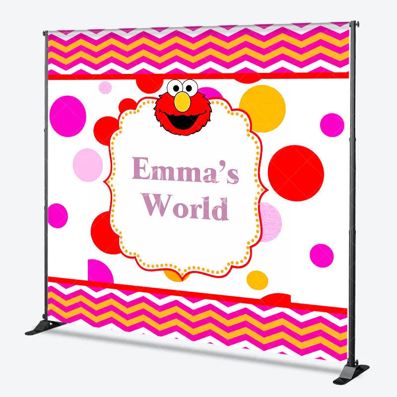 Aperturee - Aperturee Personalized Kids Monster World Birthday Backdrop Red Furry Friend Inspired Custom Name Polka Dot Party Decor