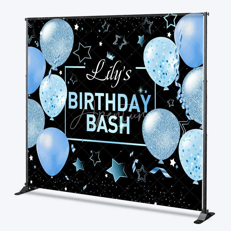 Aperturee - Aperturee Personalized Light Blue Glitter Balloons Custom Birthday Backdrop Black Stars and Confetti Party Decoration