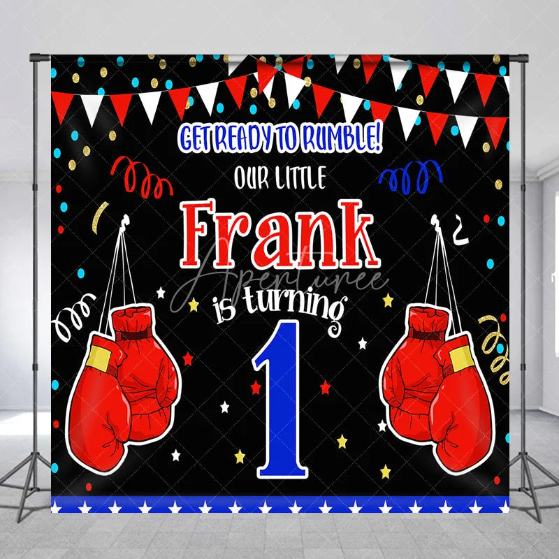 Aperturee - Aperturee Personalized Little Champ First Birthday Backdrop Boxing Theme with Red Gloves Custom Name Main Event Party