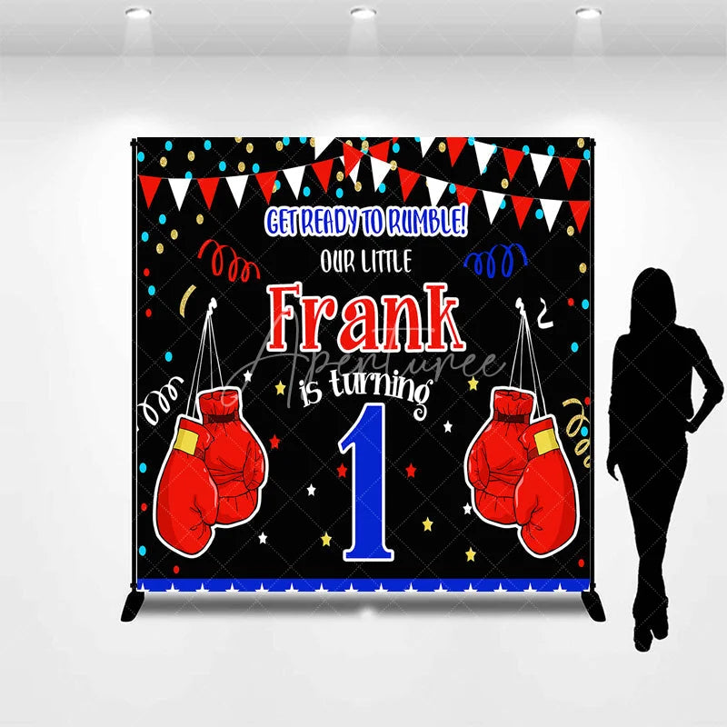 Aperturee - Aperturee Personalized Little Champ First Birthday Backdrop Boxing Theme with Red Gloves Custom Name Main Event Party
