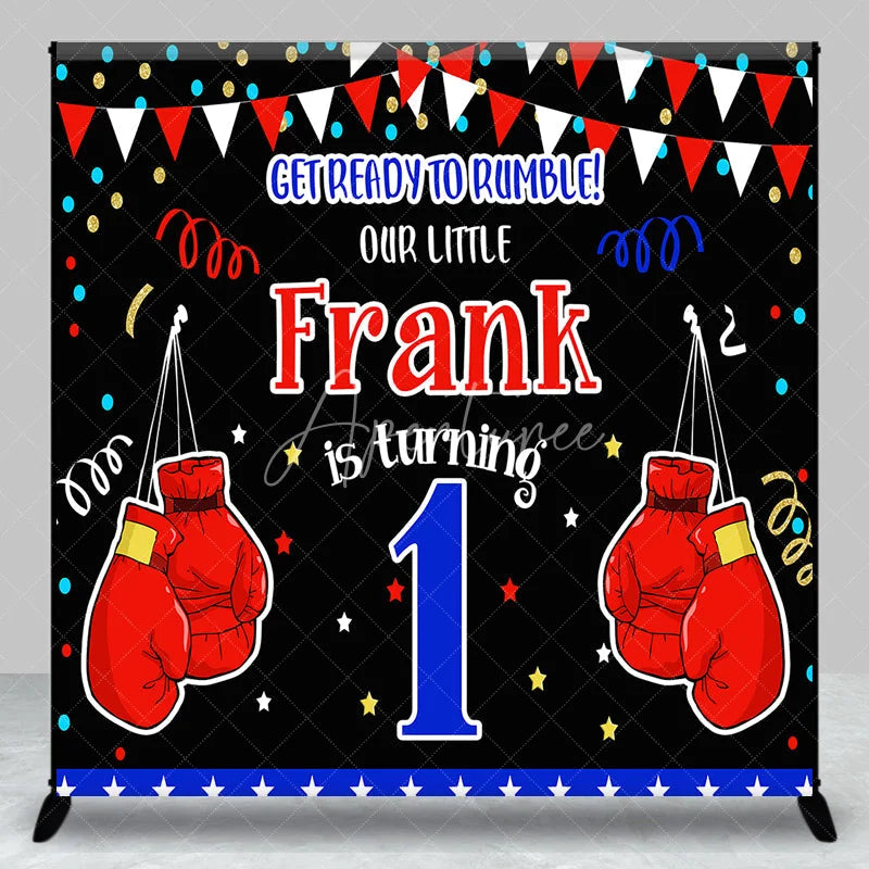 Aperturee - Aperturee Personalized Little Champ First Birthday Backdrop Boxing Theme with Red Gloves Custom Name Main Event Party