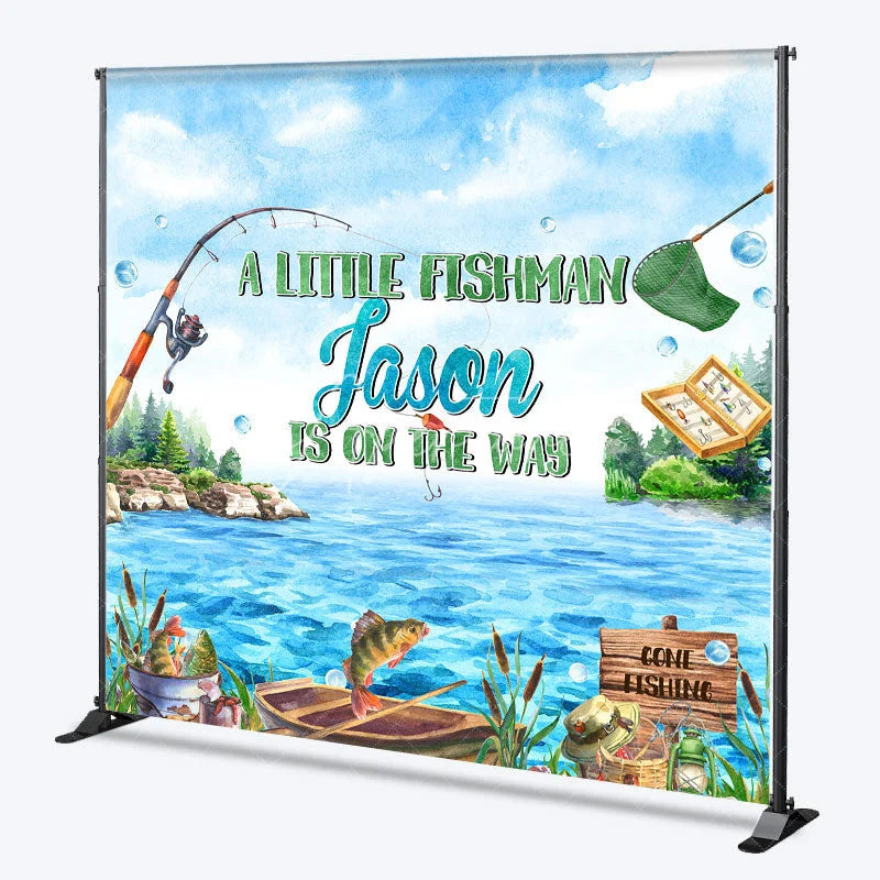 Aperturee - Aperturee Personalized Little Fisherman Baby Shower Backdrop Custom Name Gone Fishing Lake Party Banner