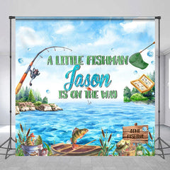 Aperturee - Aperturee Personalized Little Fisherman Baby Shower Backdrop Custom Name Gone Fishing Lake Party Banner
