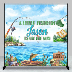 Aperturee - Aperturee Personalized Little Fisherman Baby Shower Backdrop Custom Name Gone Fishing Lake Party Banner
