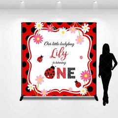 Aperturee - Aperturee Personalized Little Ladybug First Birthday Backdrop Red and Black Polka Dot Theme Custom Name Party Decor for Girl